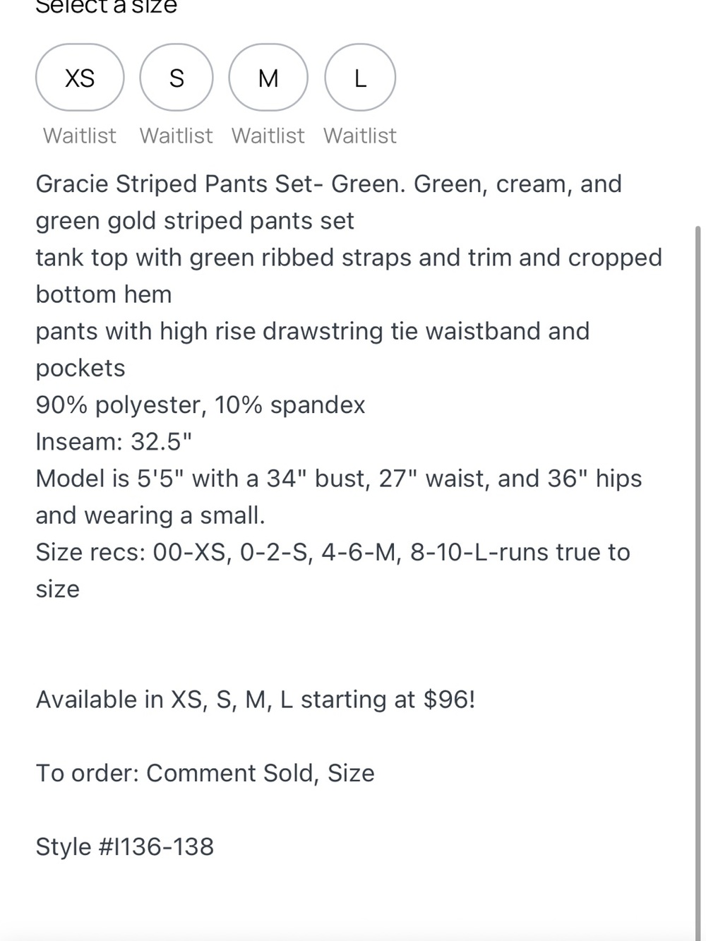 These Three Boutique Gracie Striped Pants Set Green Size Medium - Picture 3 of 3